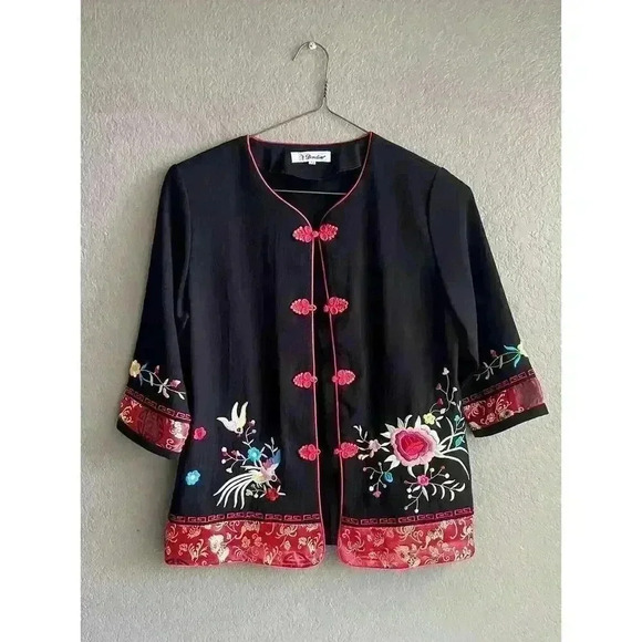 Vintage Dindin Embroidered Asian Black Floral Shacket Jacket Size M - Picture 1 of 7